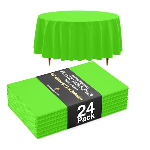 Image of Exquisite 66% Thicker Premium Lime Green Round Tablecloth 0.5 Mil 24 Pack Plastic Table Cloth Disposable 84 Inch Round Plastic Tablecloth Won't Tear Easily Like Cheap Thin Brands