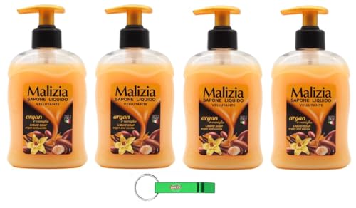 4x Malizia Seife Sapone Liquido - Flüssigseife mit Argan und Vanille - Ideal für Hände und Gesicht 300ml + Beni Culinari Kostenloser Schlüsselanhänger