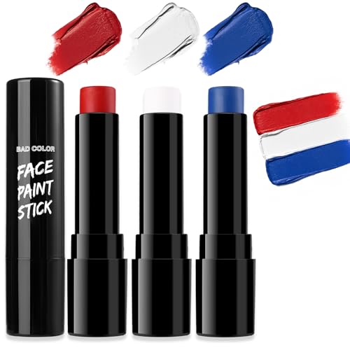 Image of BADCOLOR 3PCS Blue White Red Face Body Paint Stick, Cream Blendable Eye Black for Softball Football Baseball Lacrosse American Flags, Professional Face Painting for Halloween SFX Independence Day
