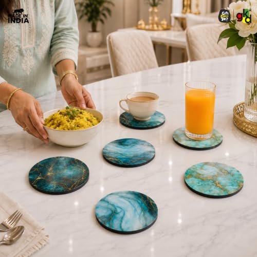 Image of GKD Wooden Marble Coasters Set of 6 | Glossy MDF Drink Coasters for Tea, Coffee, Wine Glass | Heat Resistant Table Coaster Set | Home, Dining, Office Use | Made in India