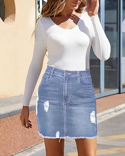 Necooer Womens Denim Skirt Mini Casual Distressed Short Skirt Washed Frayed Stretchy Pencil Jean Skirts with Pocket4