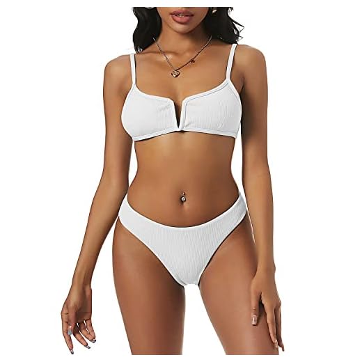 ZAFUL Women's Bathing Suits Ribbed V Wired Cami Bikini Set Beach Swimwear White