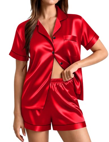Image of SWOMOG Womens Silk Satin Pajamas Set Short Sleeve Sleepwear Button Down Top and Shorts Loungewear 2 Piece Pjs Set XS-3XL