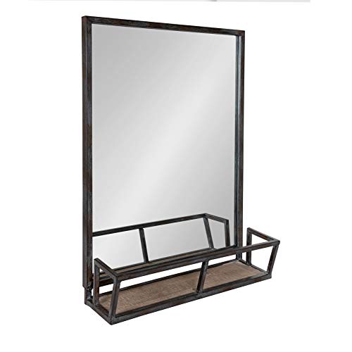 Kate and Laurel Jackson 22x29 Distressed Metal Mirror with Wood Shelf, Black