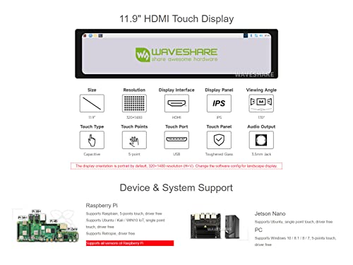 Image of Waveshare 11.9inch Capacitive Touch Screen LCD Compatible with Raspberry Pi 5 /4B /3B+ /3A+ /2B /B+ /A+ /Zero /Zero W /WH /Zero 2W CM3+ /4 320x1480 Resolution HDMI IPS Supports Jetson Nano /Windows