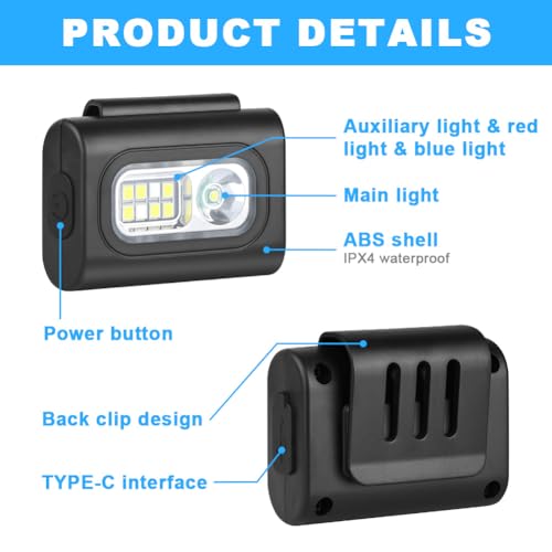Adiwo Luz para Correr, 2 Piezas Linterna Frontal Portátil, LED con Clip Luz Viene con Correa para Faro y Correa Reflectante para el Brazo, 6 Modos de Iluminación Impermeable Linterna, USB Recargable - imagen 3