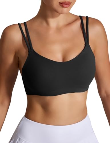 Image of Yoga Sports Workout Bras for Women Seamless Molded Cup Spaghetti Double Strap Bra Wirefree Scoop Neck Tank Top Bras