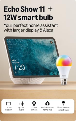 Image of Amazon Echo Show 11 (newest model), vibrant 11 inch Full HD display with spatial audio & Alexa, new sleek design, Glacier White, combo with wipro 12W smart bulb