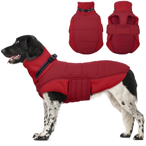 Image of BRKURLEG Dog Winter Coat with Harness Built in, Warm Jacket for Small Medium and Large Dogs, Windproof Turtleneck Fleece Dogs Snowsuit with Hook & Loop, Reflective Christmas Dog Jacket, Red XXXL
