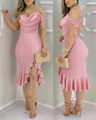 Image of CHICME Womens Sexy Bodycon Party Dress Off The Shoulder Pearls Strap Midi Dress Ruffle Hem Cocktail Dresses