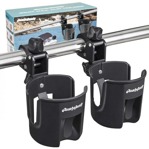 QualyQualy Boat Rail Cup Holder 2 Pack No-Drill Clamp-On Marine Cup Holders 360 Adjustable for Pontoon Boat Bimini Top Grab Bar PWC Jet Ski Fits Round & Square Rails 15-40mm Boat Gifts for Men