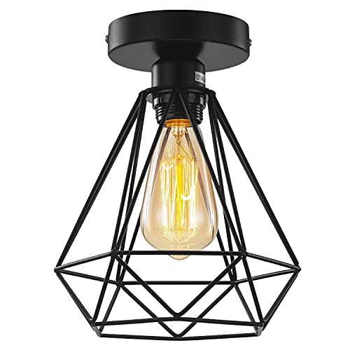 Licperron Vintage Semi Flush Mount Ceiling Light, Industrial Diamond Cage Ceiling Light for Hallway Stairway Foyer Kitchen Garage Porch Entryway
