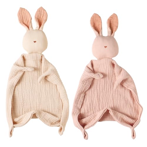Image of insular Bunny Lovey Blanket for Boys and Girls, Organic Cotton Muslin Security Blanket for Babies, Soft Breathable Lovie Soothing Towel for Newborn and Infant, Pink&Khaki