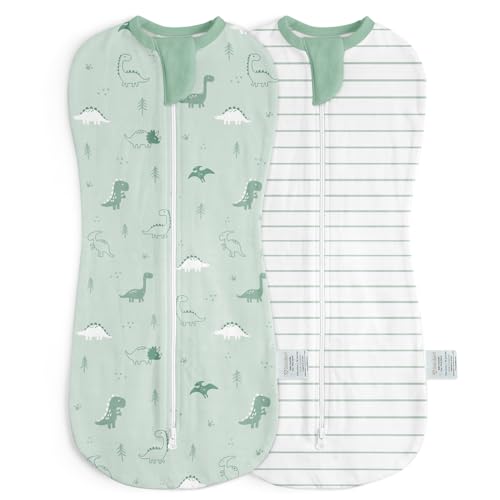 Baby Swaddle 0-2 Months Cotton Arm-In Zipper Sleep Sack Wearable Blankets Wrap for Newborn Infant Boys (Dinosaur Stripe Pack of 2)