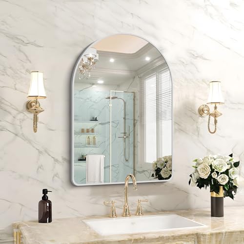 Image of FORBATH Arched Bathroom Mirror 20x28 Inch, Silver Bathroom Mirror Wall Mounted Modern Aluminum Alloy Frame Arch Mirror for Bedroom Living Room Entryway, Hanging or Leaning Against Wall