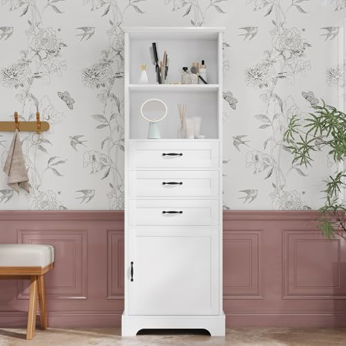 Merax Armoire de salle de bain, entièrement laquée, trois tiroirs, étagères ouvertes et compartiment de rangement, étagères réglables, poignées noires,...