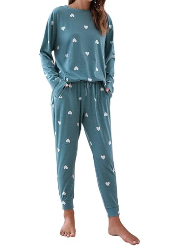 Blooming Jelly Womens Cute Pajama Sets Comfy Heart Printed Loungwear Drawstring Pockets Pjs Sets 2026 (Medium, Blue)
