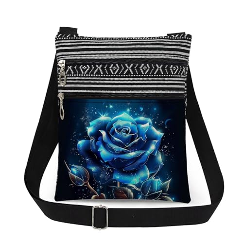 Blue Rose Crossbody Bag Blue Floral Starlight Print Adjustable Shoulder Strap Women Messenger Bag Women Valentine's Day Gift Travel Double-layered Crossbody Purse Birthday Gift for Her