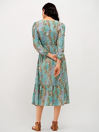 Image of AASK Abstract Printed Puff Sleeve Gathered Detailed Fit Flare Dress