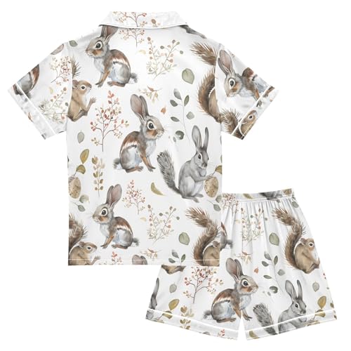 ALAZA Watercolor Gray Rabbit Satin Pajamas Set Short Sleeve Button Down Sleepwear Summer Pjs 2 Piece2