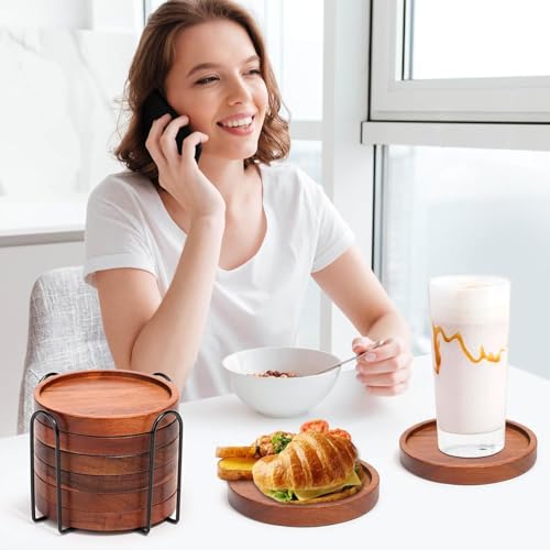 Image of 6 Pcs Best Wooden Coasters with Holder Coffee Table Decor Acacia Wood Coaster Set Modern Cup Coaster for Drink Home Dining Table Kitchen Accessories Cute Beer Bar Decorative Coasters