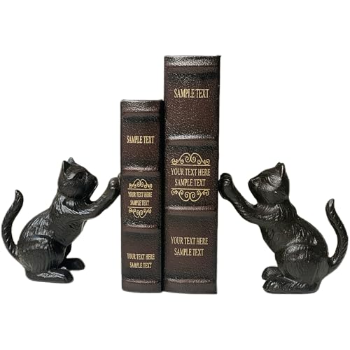 LUKYTME Book Ends for Shelves Decorative, Cast Iron Heavy Duty Bookends for Heavy Book, Unique Cute Cat Bookend for Home/Office Decor, Antique Classic Black 2PCS
