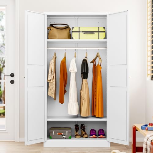 Metal-Wardrobe-Cabinet-with-Hanging-RodWhite-Armoire-Wardrobe-ClosetMetal-Clothing-Storage-Cabinet-with-Adjustable-Shelves-and-Doors72-Wardrobe-Storage-Cabinet-for-HomeLivingLaundry-Room Metal Wardrobe Cabinet with Hanging RodWhite Armoire Wardrobe ClosetMetal Clothing Storage Cabinet with Adjustable Shelves and Doors72 Wardrobe Storage Cabinet for HomeLivingLaundry Room