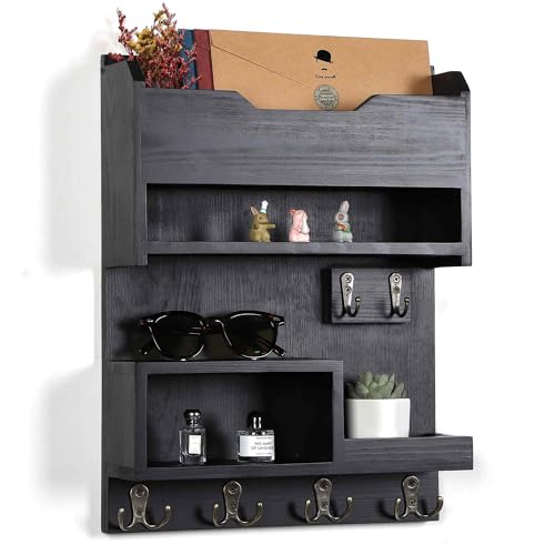 HEKFL Key Holder for Wall, Mail and Key Holder with Key Hooks, Mail Organizer Wall Mounted for Home Decor, Black
