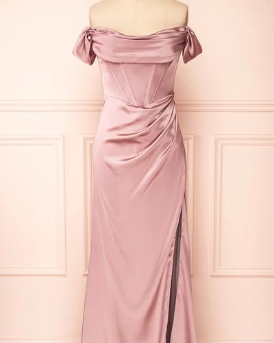 Off The Shoulder Prom Dresses for Women Satin Corset Bridesmaid Dress Long Mermaid Formal Gown with Slit3