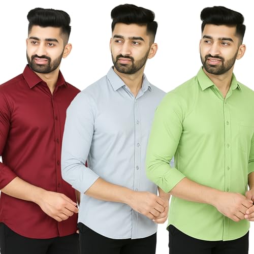 Image of Men's Polycotton Solid Shirt Pack of 3 | Regular Fit Full Sleeve Casual & Formal Wear Shirt Combo for Men | Soft & Durable Shirts