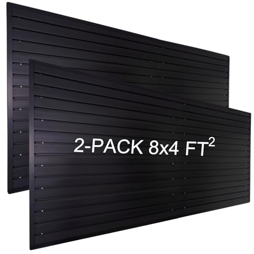 Slat Wall Paneling Garage Wall Organizer, PVC Black Slatwall Panels 2 Pack 4x8 ft Garage Tool Organizer Wall Mount Garden Storage, Slat Board Ladder Bike Rack Garage Storage & Organization Products