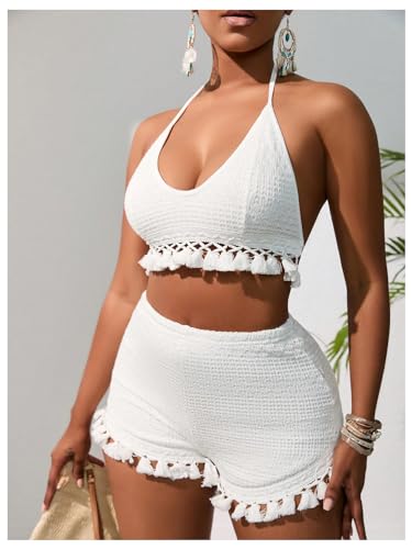 Women's 2 Piece Outfits Tassel Trim Backless Halter Crop Top and Elastic Waist Shorts Sets3
