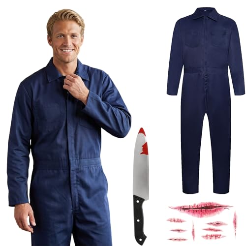 Joyincoser Michael Myers Kostüm Herren Mit Messer Horror Scary Kill Tiefblau Overall Gruseliges Geschenk Für Halloween Karneval (X-Large)