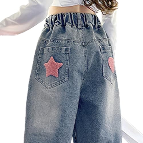 Tween Girls Elastic Waistband Jeans, Letter Graphic Embroidery Denim Pants, Loose Wide Leg Jeans with Five Pockets4