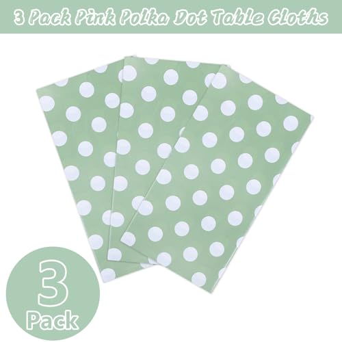 Image of Kesfey 3 Pack Sage Green Polka Dot Table Cloths 54 x 108 Inch Sage Green and White Dots Tablecloth Disposable Plastic Sage Green Tablecover Waterproof Rectangle Picnic Table Covers for Birthday Party