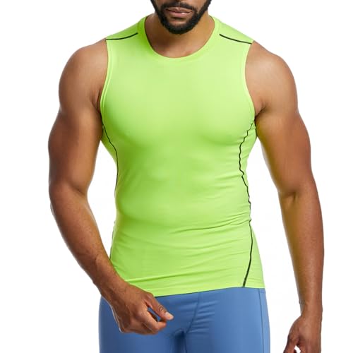 Image of Hybursky Men's Gym Tank Tops, Breathable Quick Dry Vest Top Workout Sleeveless T-Shirt Athletic Muscle Bodybuilding Compression Shirts Training Running Fitness Sport Tanktop (Neon Green-XL)