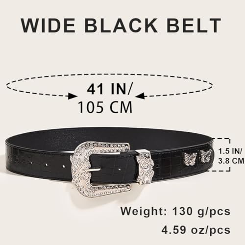 Women's Black Genuine Leather Rhinestone Western Belt with Wide Buckle for Jeans2