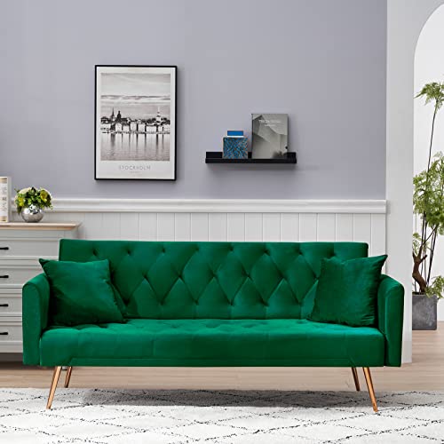 Kinffict Velvet Futon Sofa Bed With 2 Pillows, Convertible Sleeper Sofa Couch With 3 Angle Adjustable Backrest, Modern Loveseat With 4 Golden Metal Legs For Living Room And Bedroom (Green) #TOP13