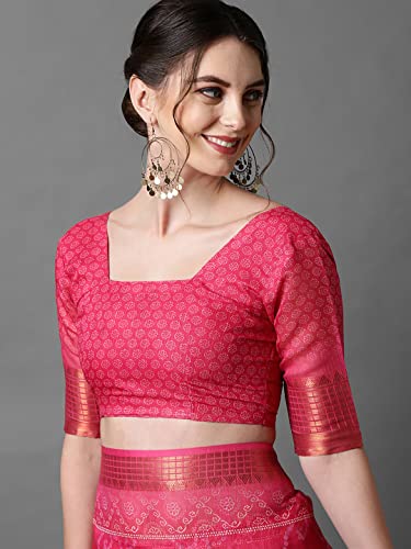 Image of AKHILAM Bandhani Print Linen Saree With Unstitched Blouse Piece for Women (SONPR1 Parent)