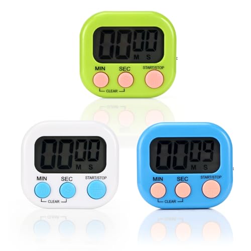 Auauraintt 3 Stück Eieruhr Digital,Kurzzeitwecker,Timer Digital,Mit Klappbarem StäNder Und Display,Digitaler Timer für Küche Schule Sport,KüChentimer Digital Stoppuhr Kinder (Weiß Grün Blau)