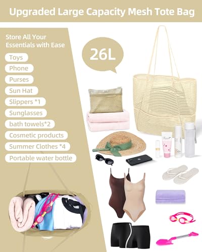 Image of Mesh Beach Tote Bag Packable,2026 New 2-in-1 Large Lightweight Foldable Beach Bags with Multiple Pockets for Women