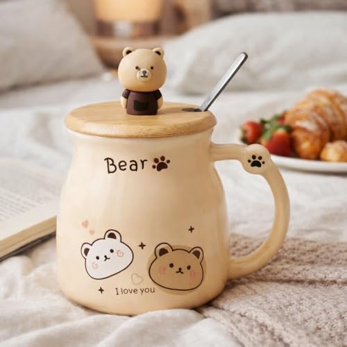 Image of Coffee Mug, Gift for Woman, Birthday Present for Girlfriend, Present for Wife Birthday, Mugs for Present, Holi Gifts, Panda Mug with Lid & Spoon (Cute Bear)