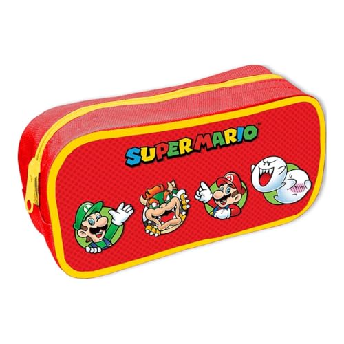 Nintendo Super Mario Pencil Case (Core Character Circles Design) Zip Up Rectangle Pencil Case - Official Merchandise,Red,21cm x 10cm x 10cm