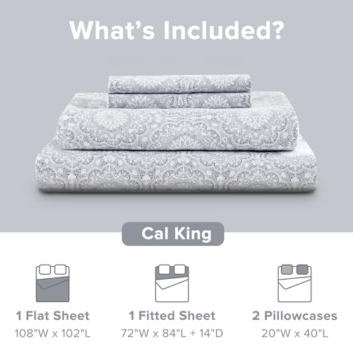 Image of Comfort Spaces 100% Cotton Percale Sheets Cal King Size 4 Pcs, Adelia Gray
