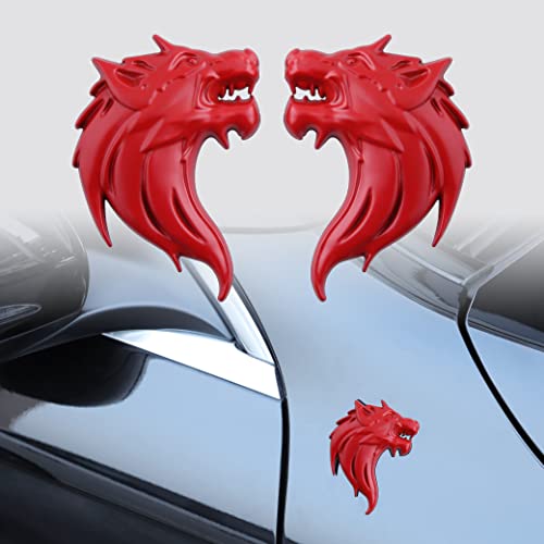 Image of 2pcs Cool Wolf Head Car Side /Rear /Front Decorations Badge Emblem 3D Self-Adhesive Nameplate Sticker for Car (Red)