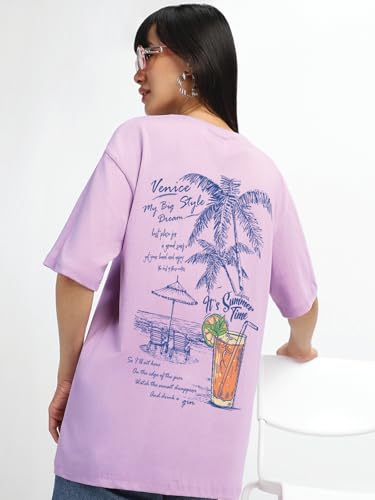 Image of JUNEBERRY Pure Cotton Oversized Baggy Fit Round Neck Drop Shoulder Swan White Back Graphic Printed T-Shirt for Women /Girls
