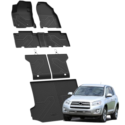 Image of LASFIT Floor Mats & Backrest Mats & Trunk Mat for Toyota RAV4 2006-2012 5 Seat All Weather TPE Custom Fit Floor Liner 1st & 2nd Row & Seat Back & Trunk Mats Full Set Accessories, Black