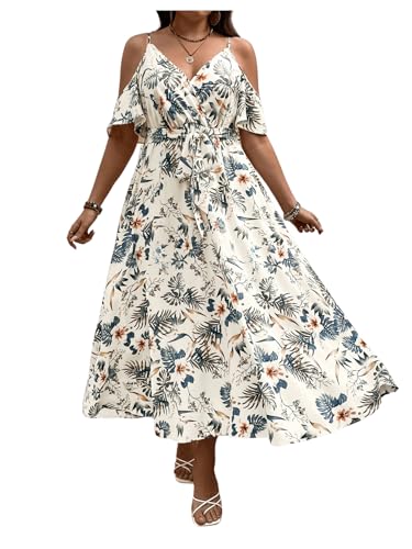 Image of Floerns Women's Plus Size Cold Shoulder Short Sleeve Split Thigh Long Dress