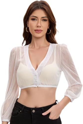 Trachtland Dirndl Bluse Damen Langarm Trachtenbluse Oktoberfest Transparent mit V Ausschnitt Knöpfen Weiß Größe 34-44