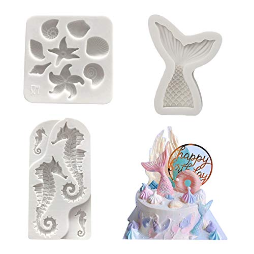 LGEGE 3 pcs Mermaid Tail Mold Shell mold Hippocampu Mold Silicone Candy Mold Chocolate Mold for Decorating Cakes, Chocolate, Soap, Jelly, Clay, Candy, etc.